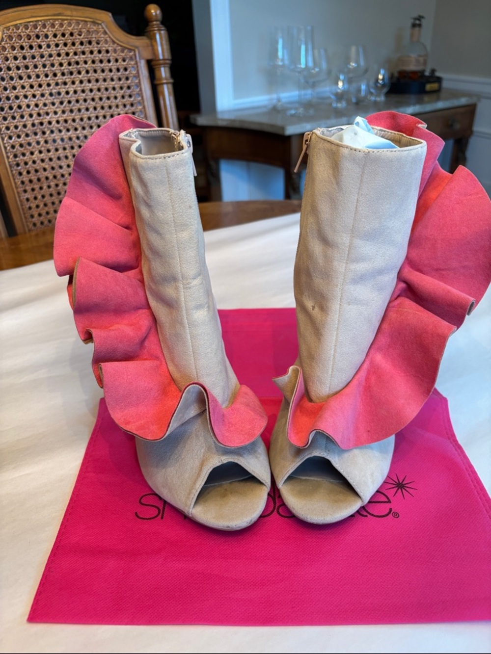 Shoe Dazzle Beige Suede Peep-Toe Boots with Pink Ruffle Trim